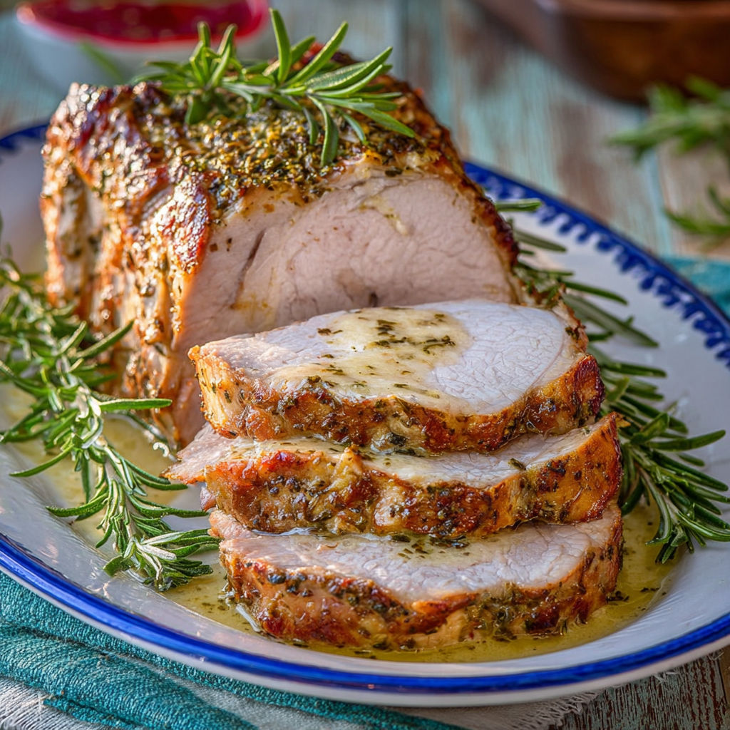 Un rôti de porc tout fondant avec des herbes fraîches et un jus super parfumé.