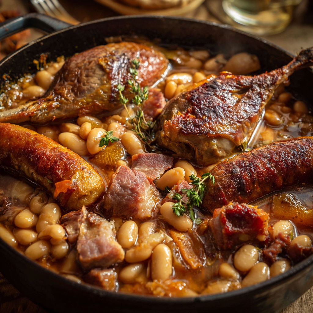 Un cassoulet à l'ancienne, haricots fondants et viandes confites dans une cocotte généreuse.