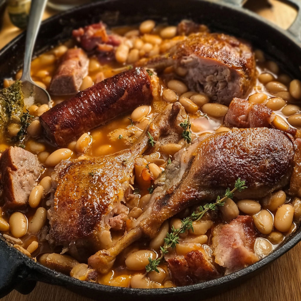 Un cassoulet maison ultra généreux: haricots, canard, saucisses et porc fondant.