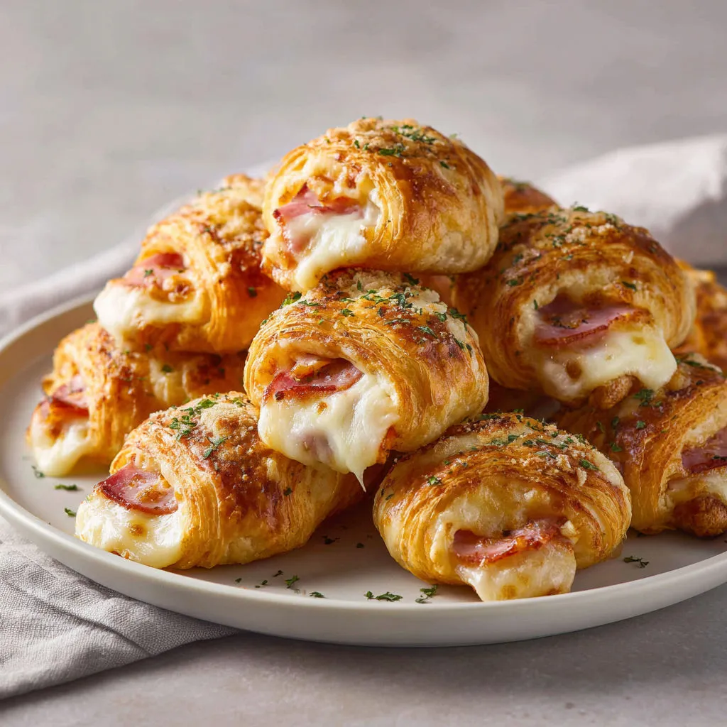 Croissants dorés et gourmands garnis de mozzarella et jambon, façon pizza.
