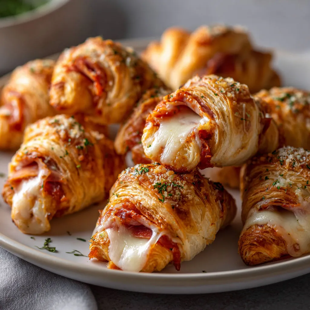 Croissants feuilletés dorés avec sauce tomate, fromage fondu et jambon.