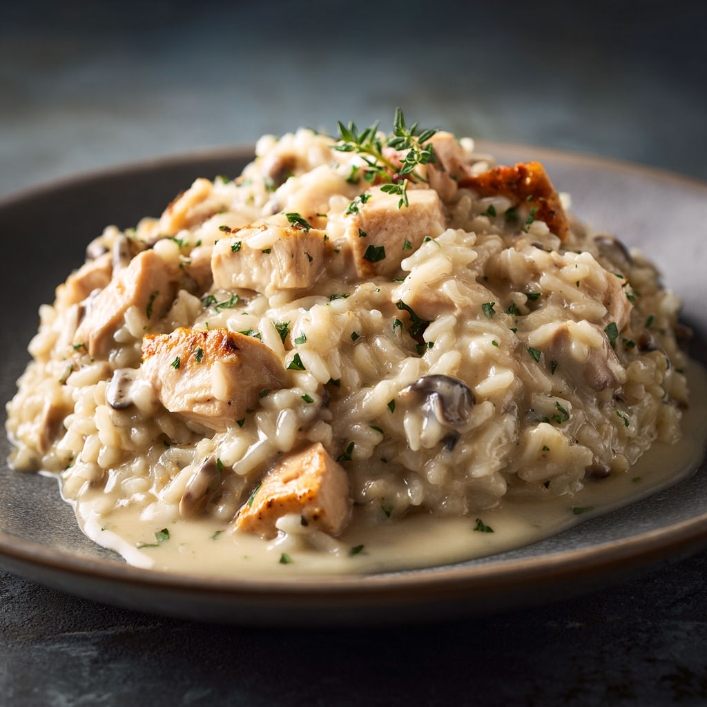 Plat de risotto crémeux avec poulet tendre et champignons fondants.