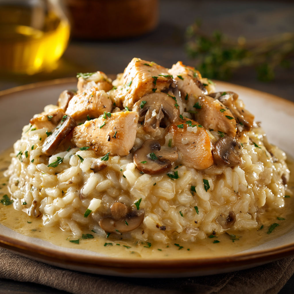 Risotto onctueux au poulet fondant et champignons savoureux.