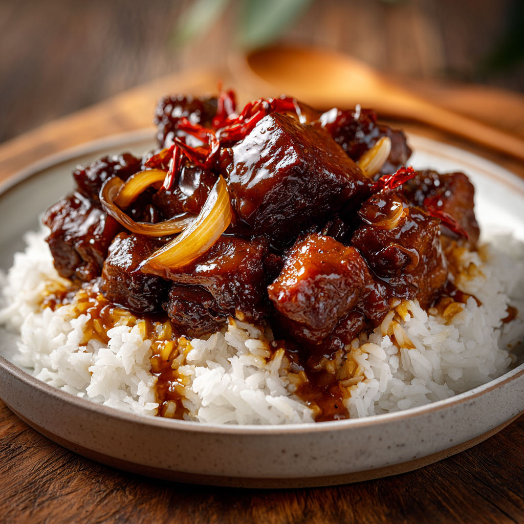Assiette gourmande de porc au caramel sur table.