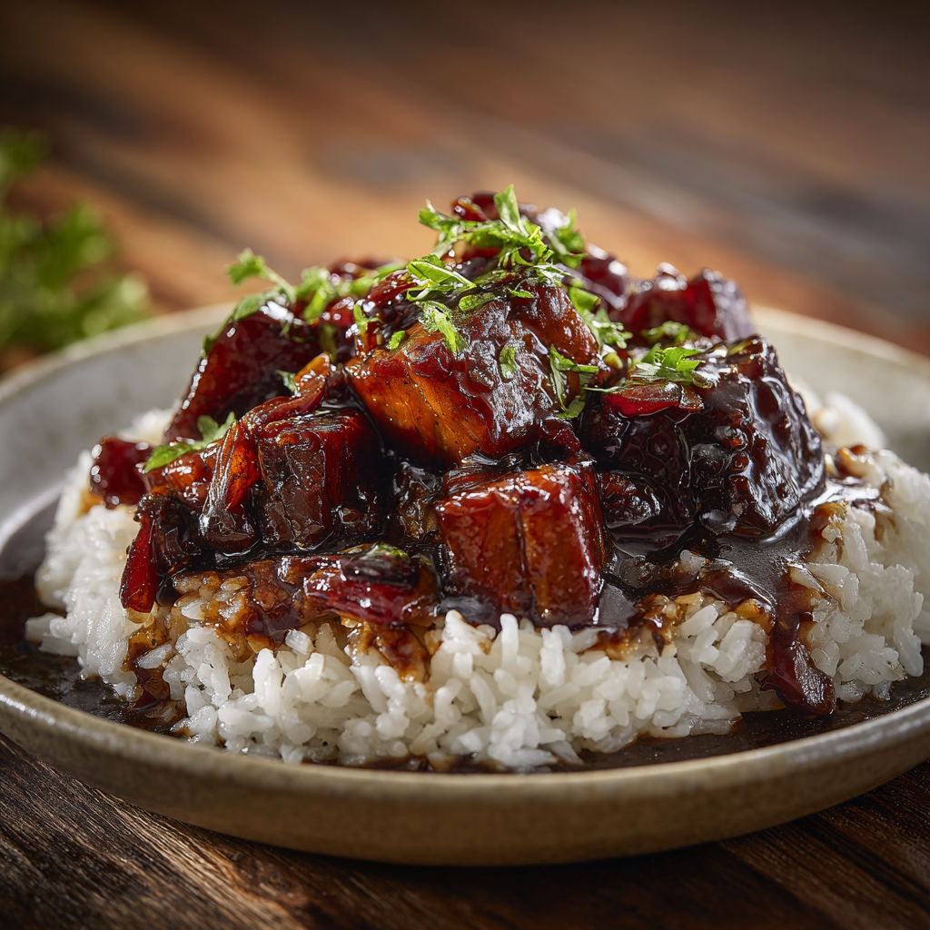 Porc caramélisé tout fondant style asiatique, bien sucré salé.