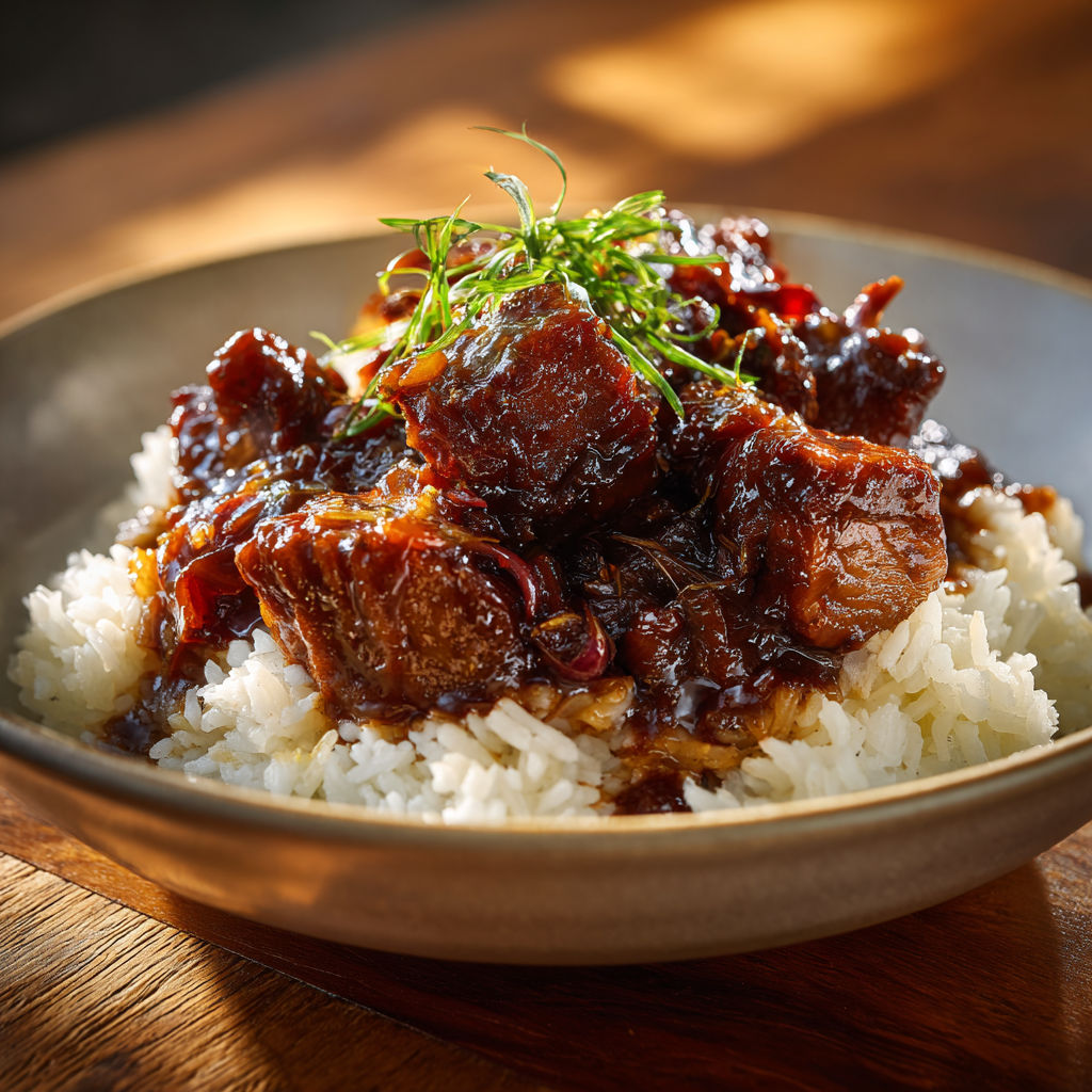 Plat de porc caramélisé maison, mariné lentement sauce soja et nuoc-mâm.