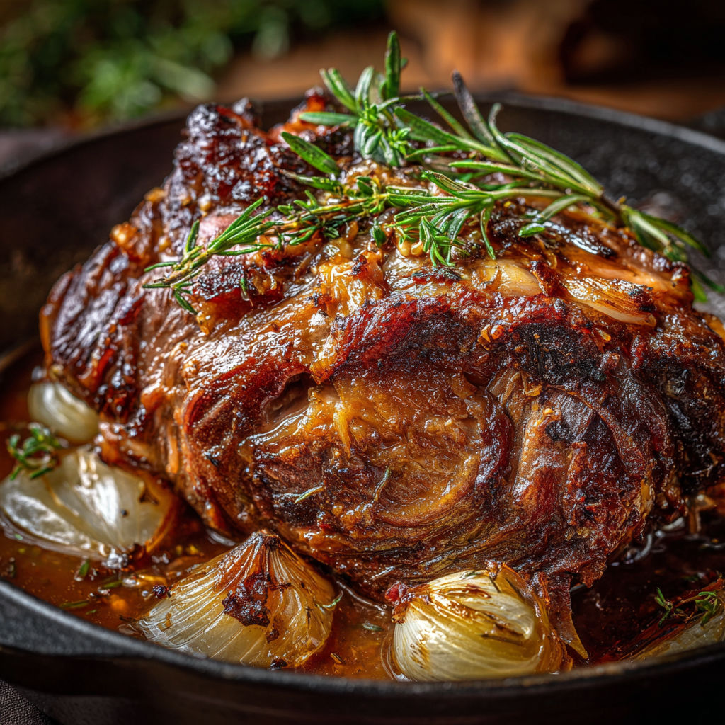 Une épaule d'agneau mijotée 7 heures servie avec une sauce savoureuse.