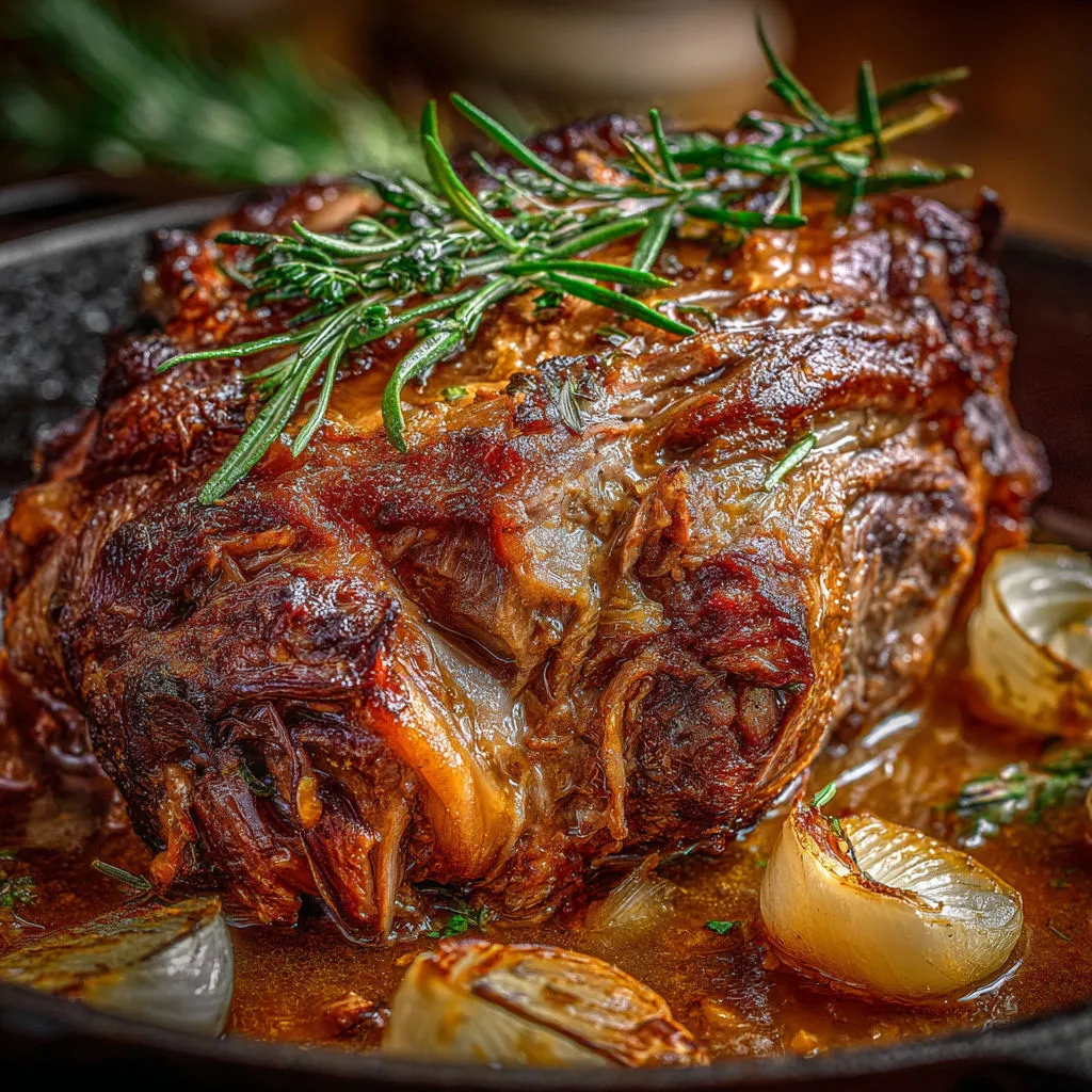 Viande d’agneau confite ultra tendre cuite avec herbes.