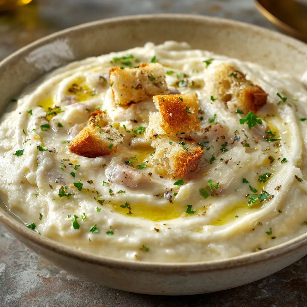 Morue fondante aux pommes de terre et huile d’olive.