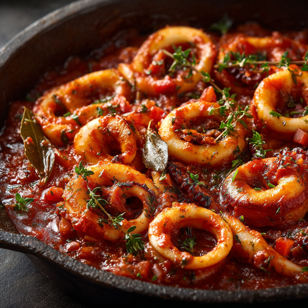 Plat d'encornets tendres avec tomates et herbes dans une casserole en fonte.