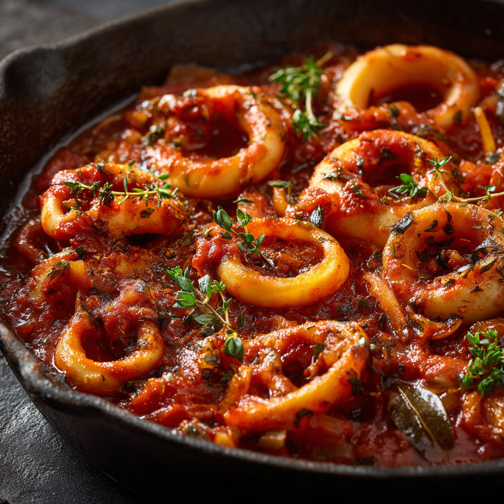 Anneaux d’encornets servis avec une sauce tomate parfumée du sud.
