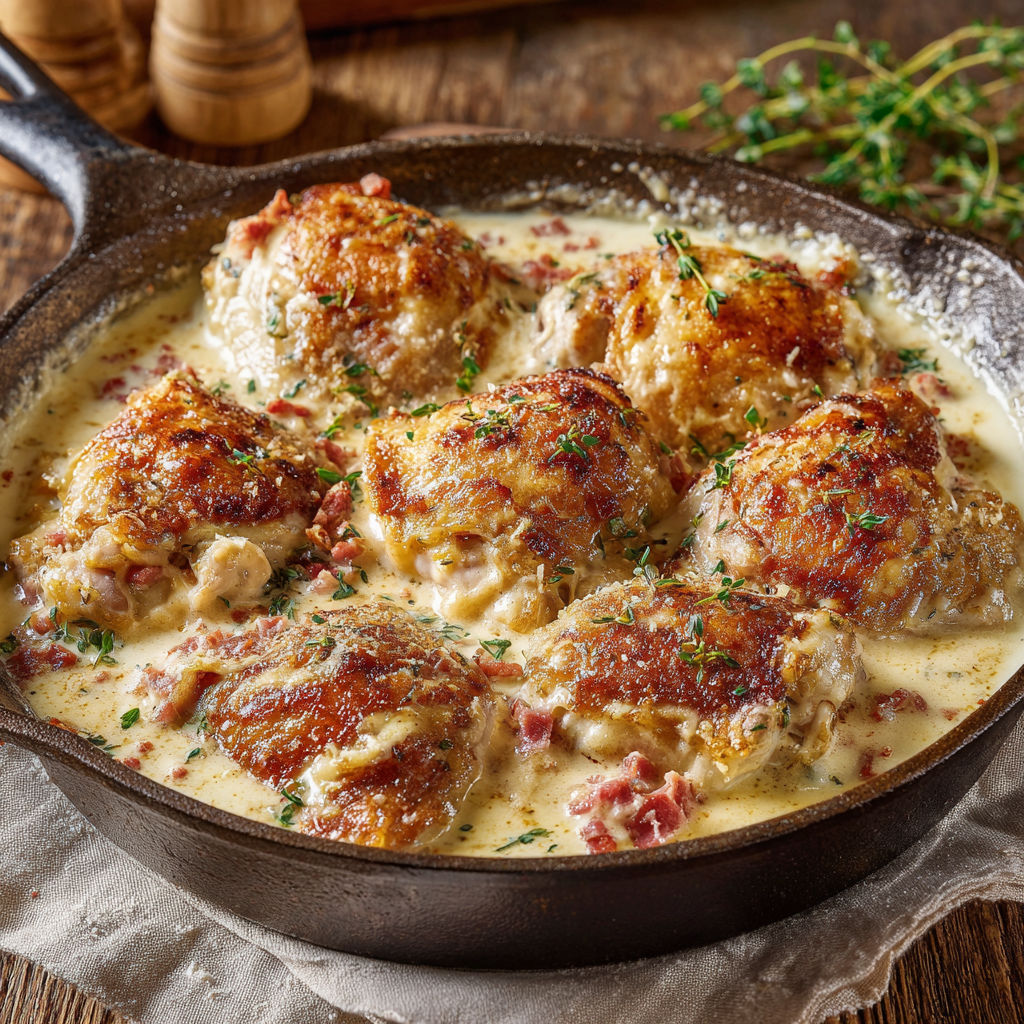 Un délicieux mijoté de poulet et parmesan avec du jambon croustillant.