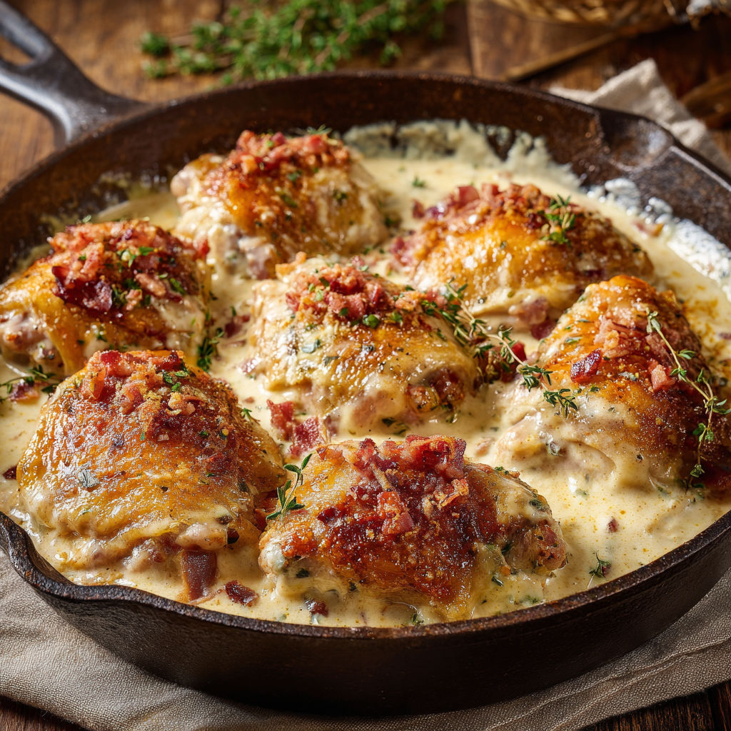 Poulet tendre mijoté avec crème au parmesan et jambon croquant.