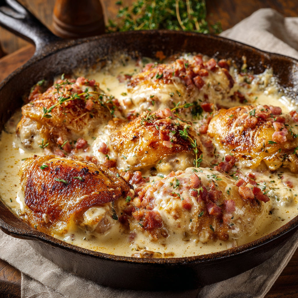 Hauts de cuisses de poulet tout crémeux avec parmesan et herbes.