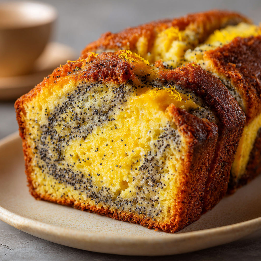 Une belle part de marbré citron pavot joliment présentée sur un plateau.