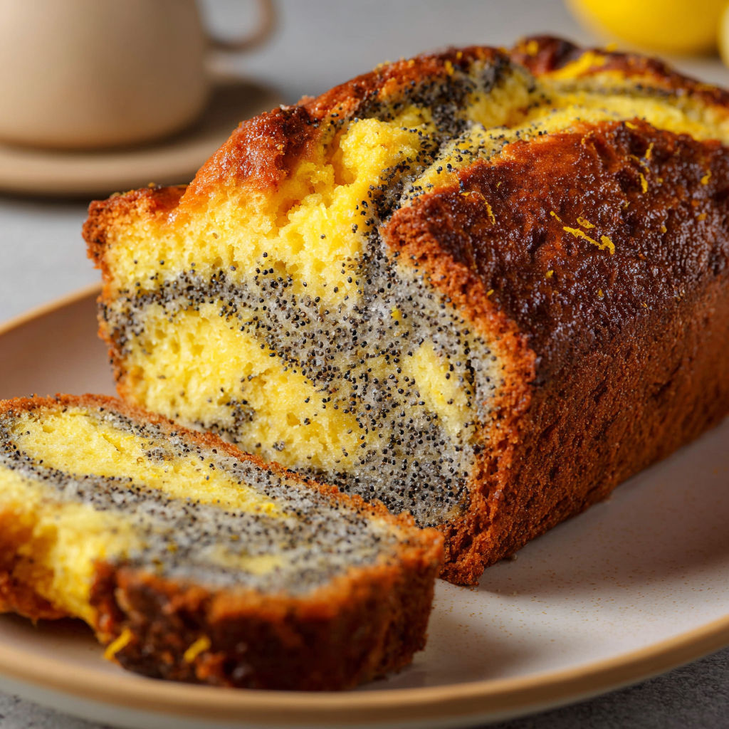 Une part de cake citron pavot extra moelleuse au joli marbrage.