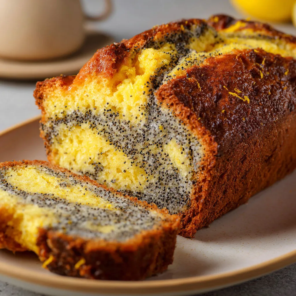 Une part de cake citron pavot extra moelleuse au joli marbrage.