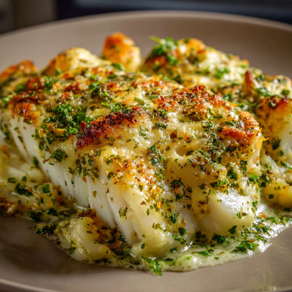 Cabillaud gratiné à la mayo, présenté sur un joli plateau.