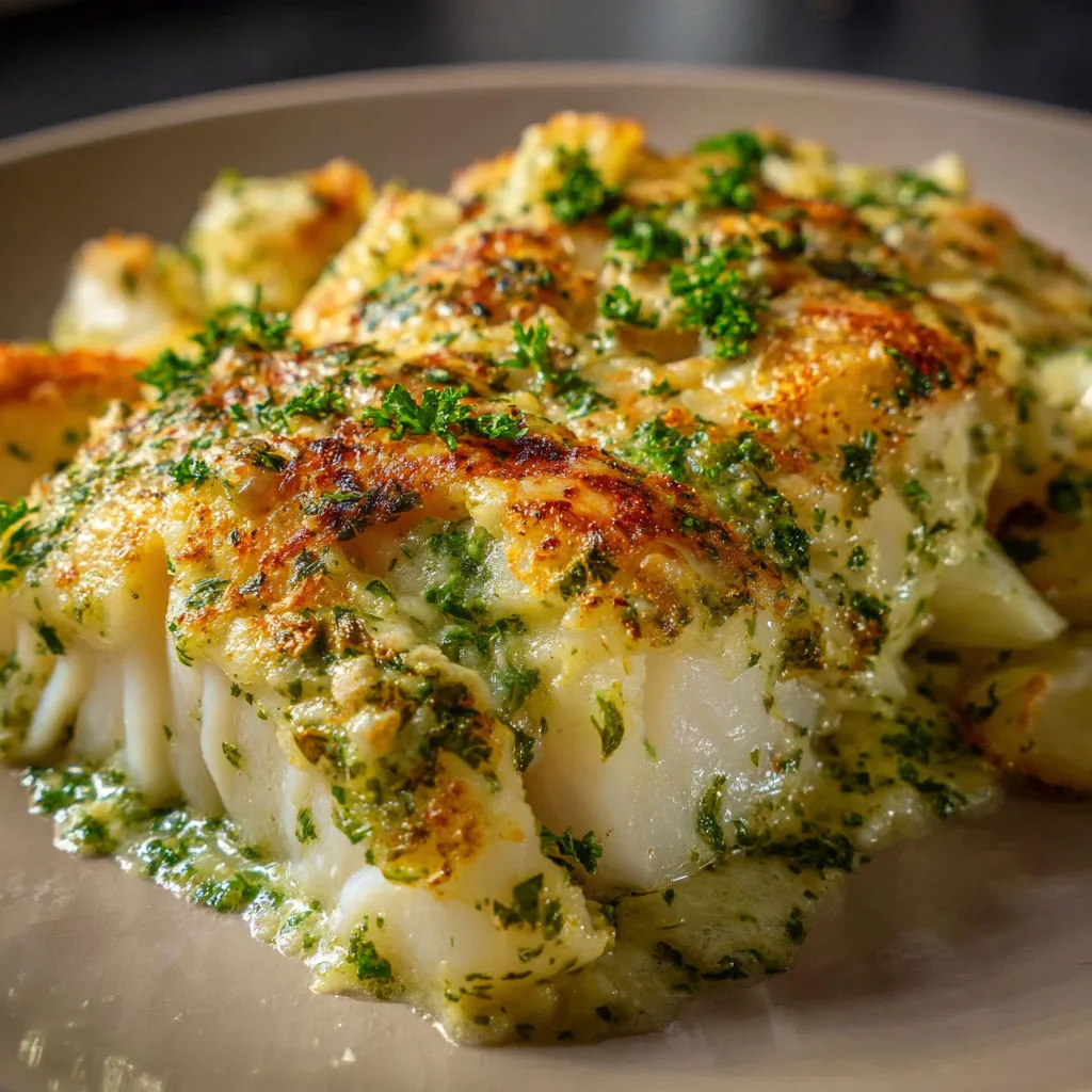 Un gratin de cabillaud bien tendre à la mayo et aux herbes.