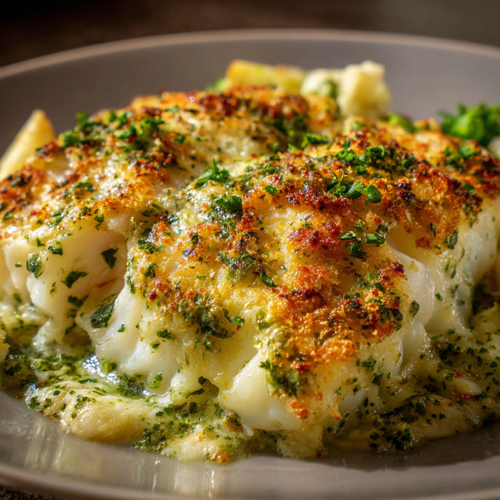 Pavés de cabillaud dorés au four avec une belle croûte crémeuse.