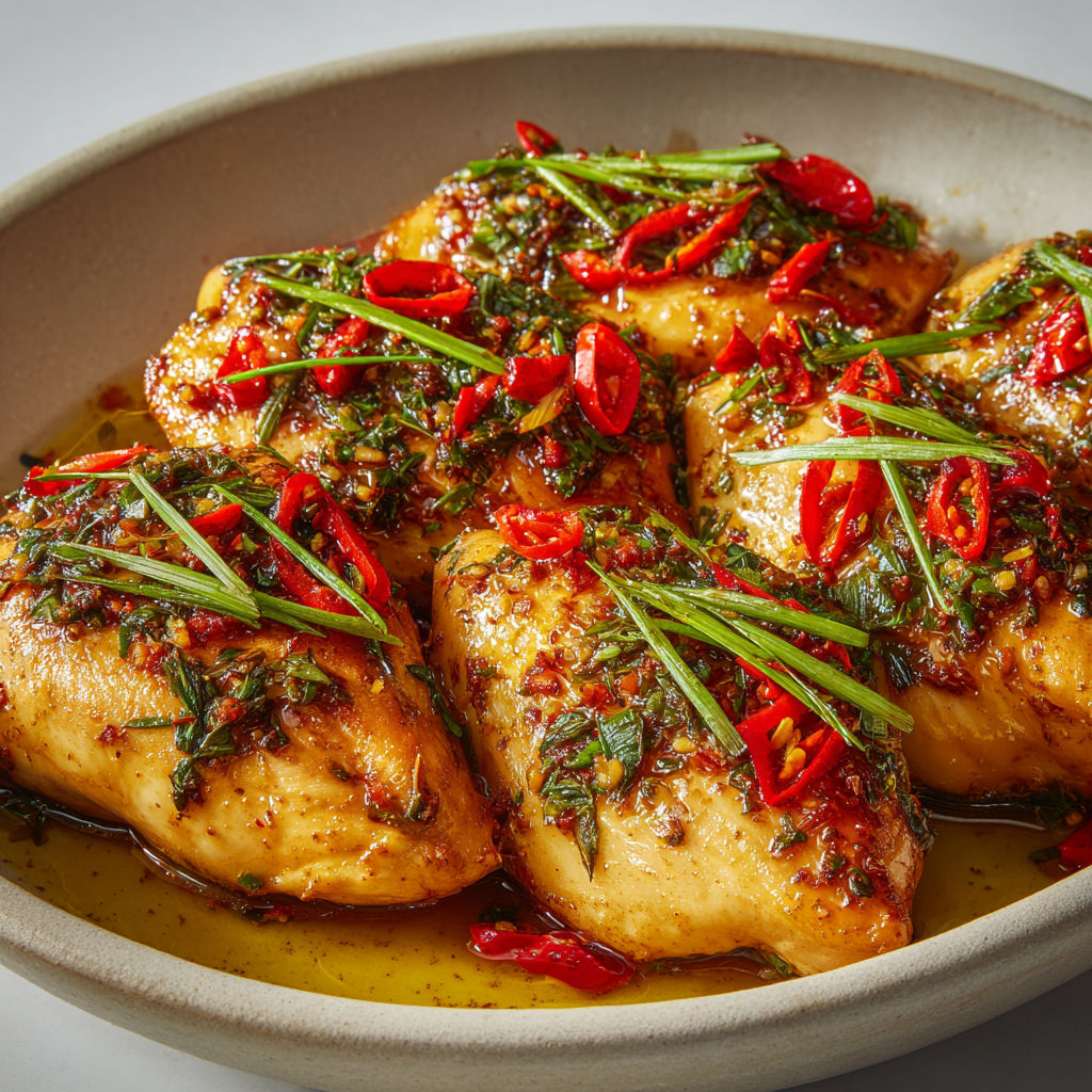 Plat servi avec des morceaux de poulet épicé et quelques herbes fraîches sur une table claire.
