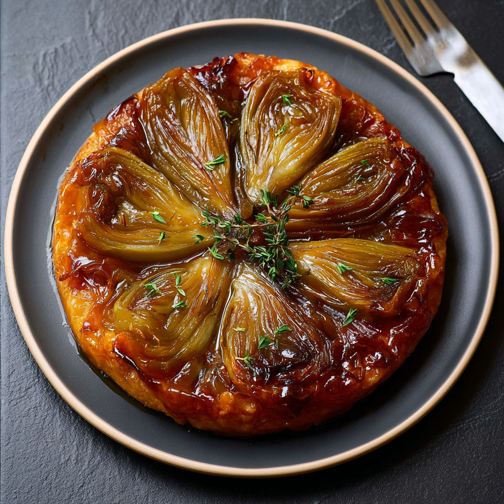 Une tarte dorée aux endives et Bresse Bleu est présentée sur un joli plat.