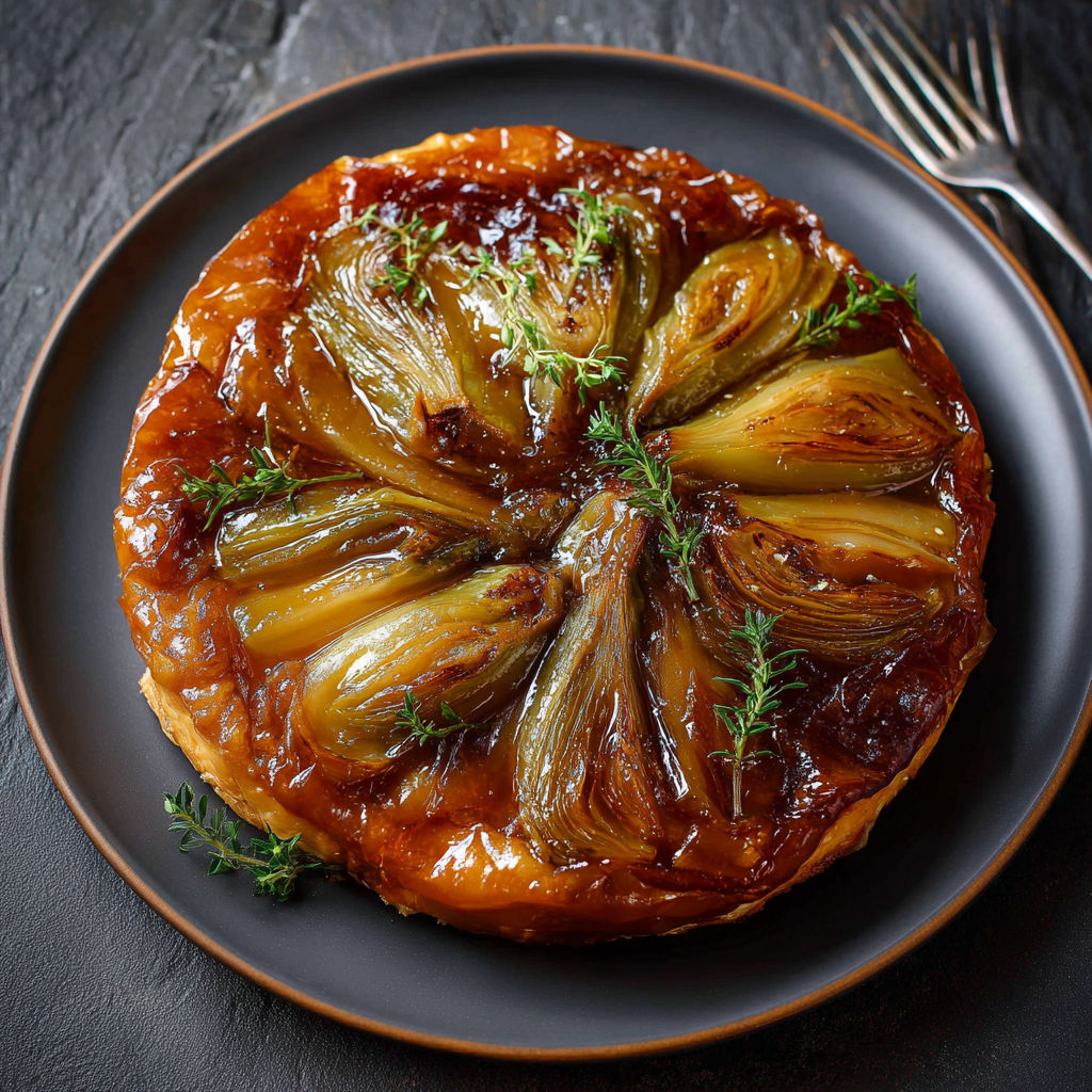 Tatin salée d’endives et de Bresse Bleu servie sur un plateau.