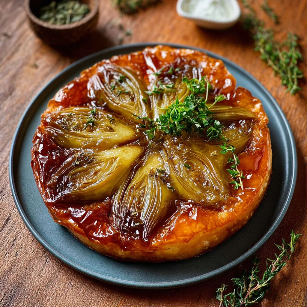 Tatin d’endives caramélisées au Bresse Bleu présentée sur un plat.