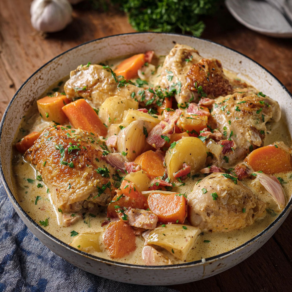 Poulet en cocotte avec des légumes frais et des herbes, inspiré par Cyril Lignac.
