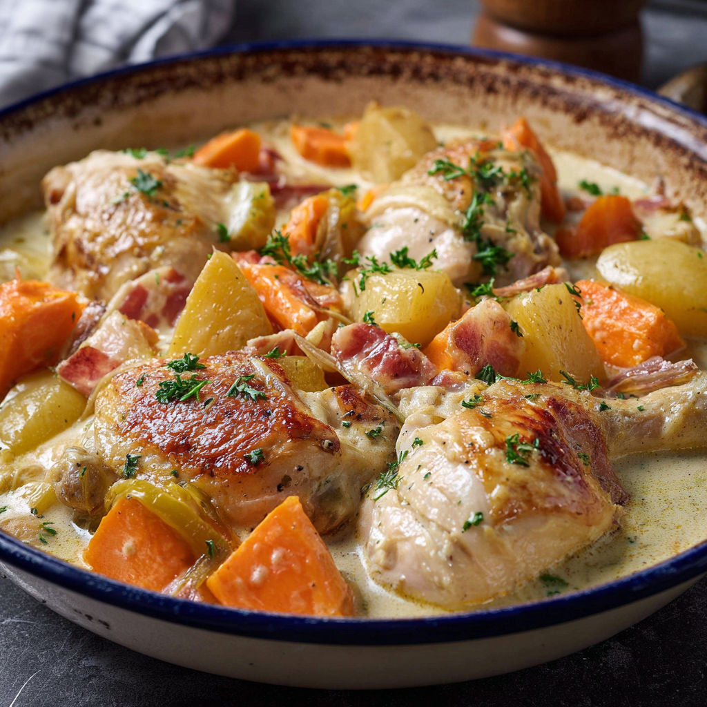 Une cocotte de poulet familial façon Cyril Lignac servie dans un bol bleu.