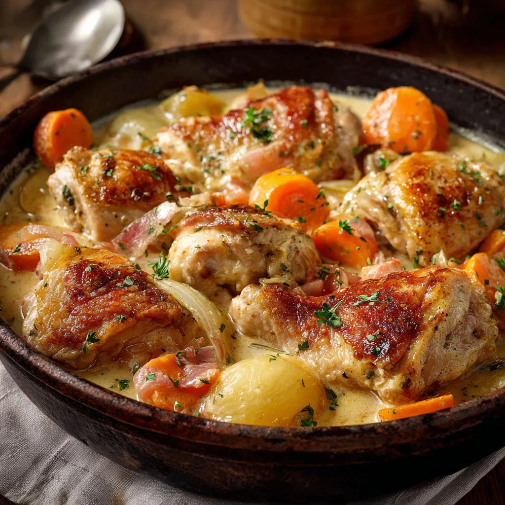 Un grand plat de poulet cocotte aux légumes et carottes rappelant une spécialité Cyril Lignac.