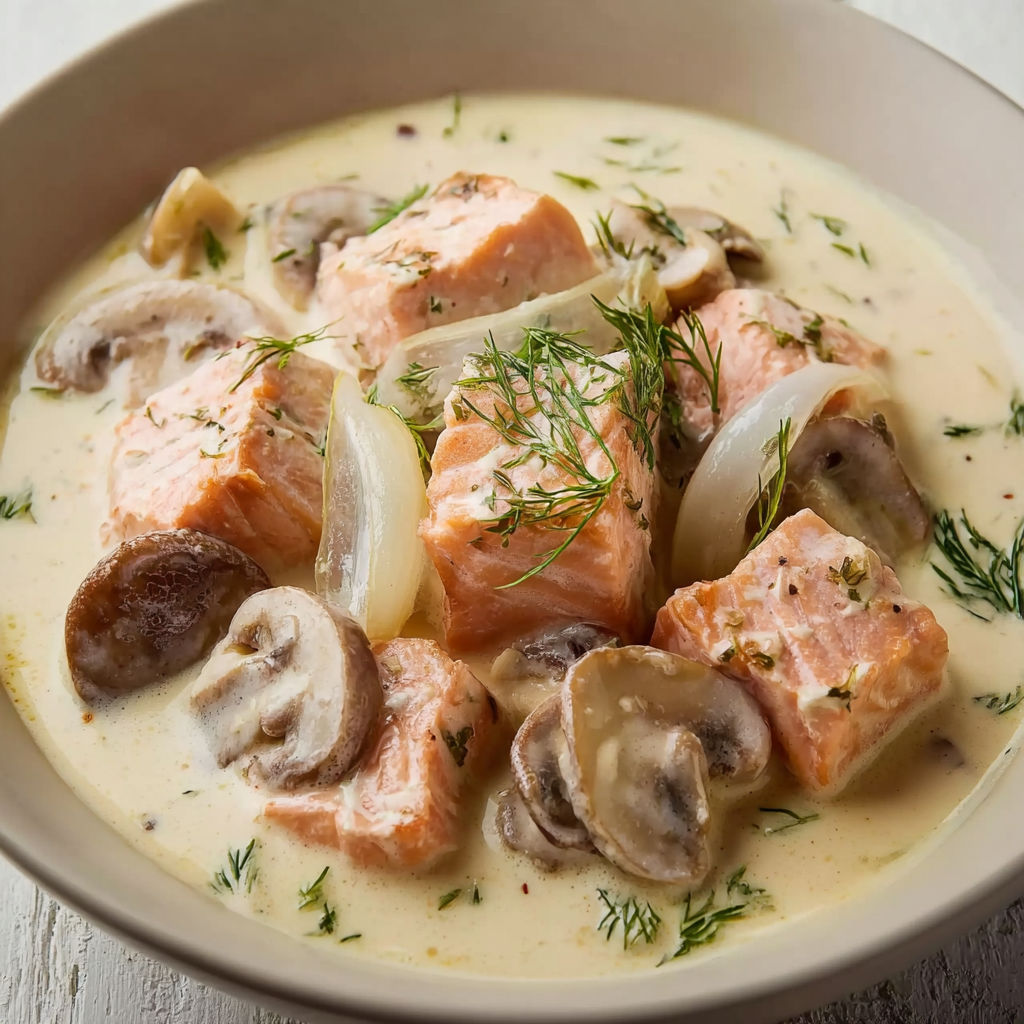 Un plat de saumon délicieusement servi dans une cassolette sur une table.