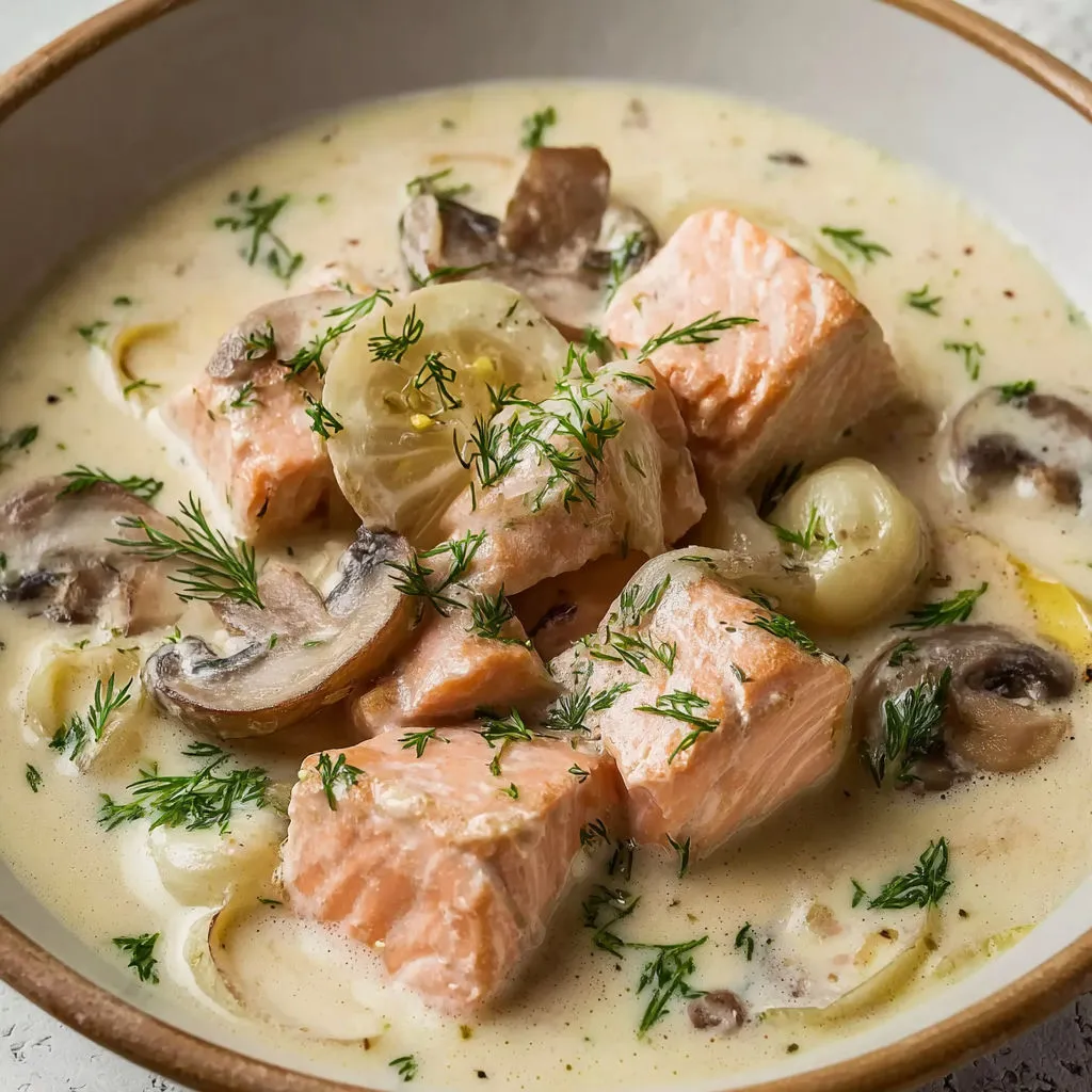 Saumon crémeux aux champignons en cassolette.