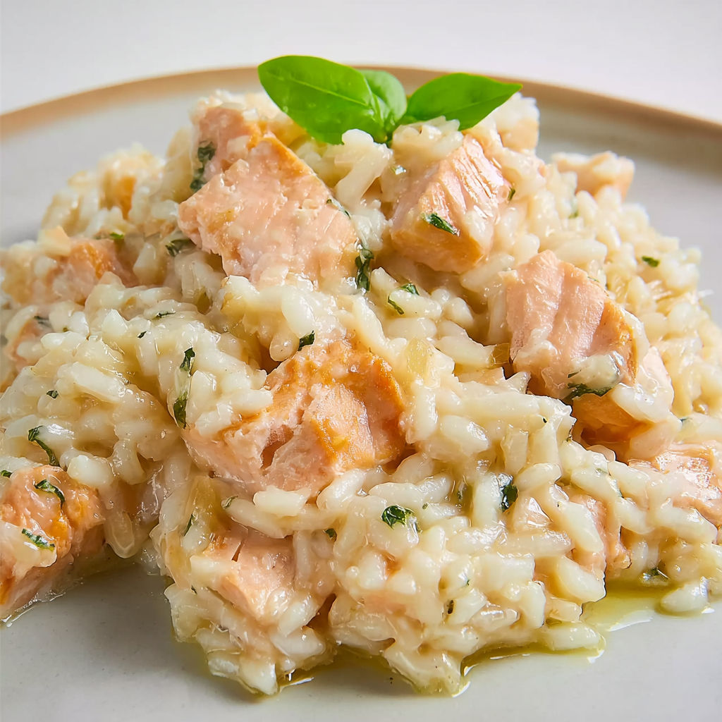 Risotto onctueux au saumon et vin blanc.