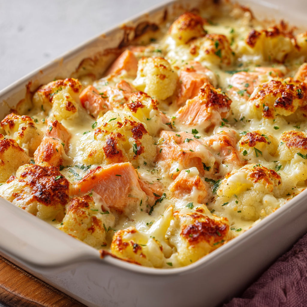 Plat gratiné mélangeant chou-fleur tendre et saumon, parfait pour le dîner.