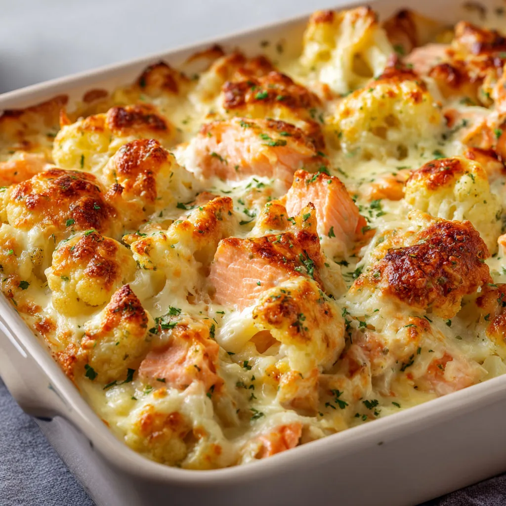 Délicieux gratin chou-fleur et saumon bien doré.