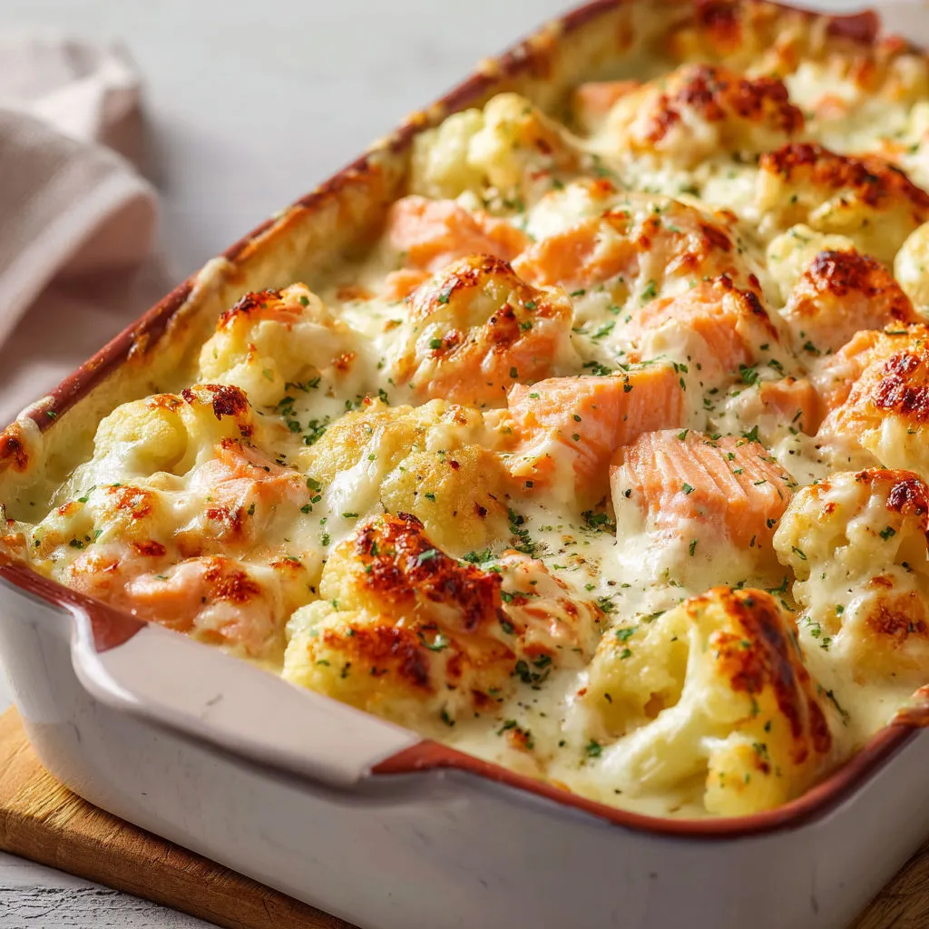 Chou-fleur moelleux au saumon gratiné.