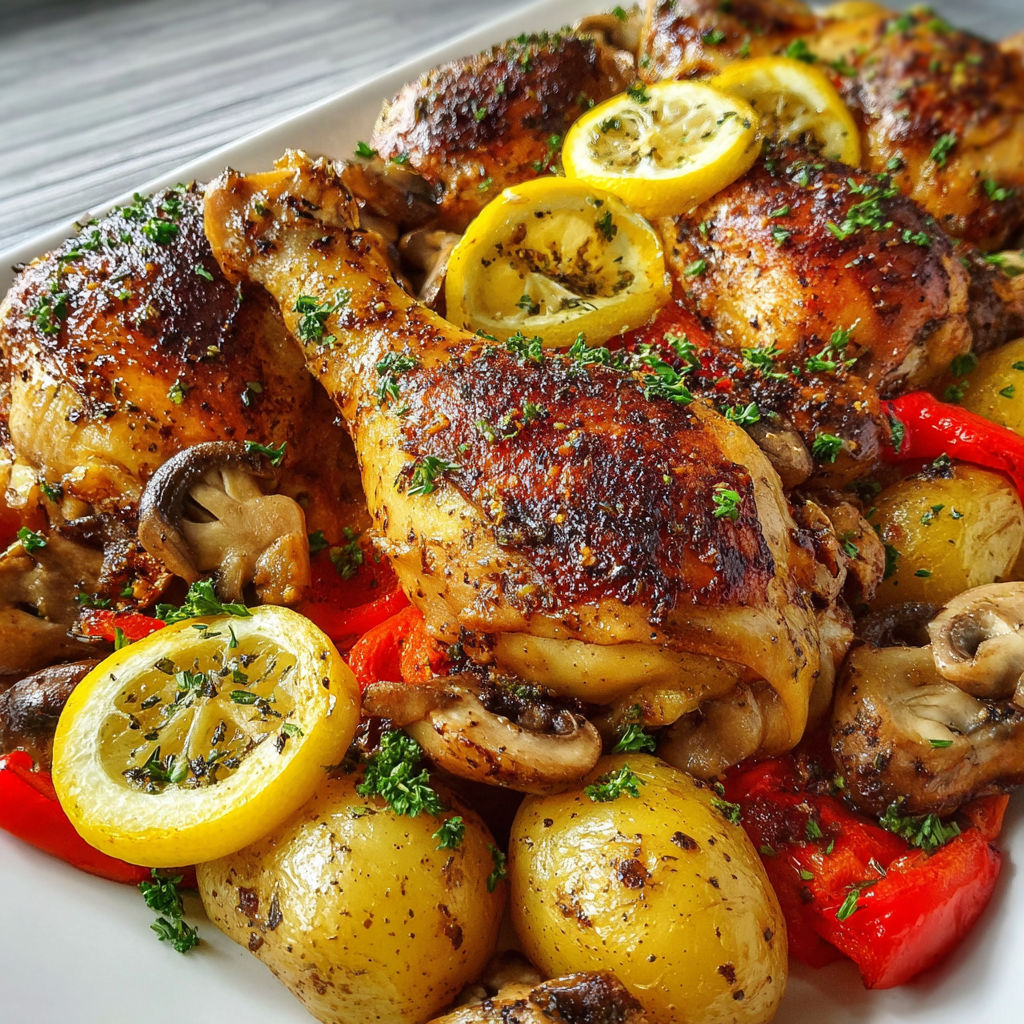 Un plat de poulet citronné rôti avec pommes de terre et légumes dorés.