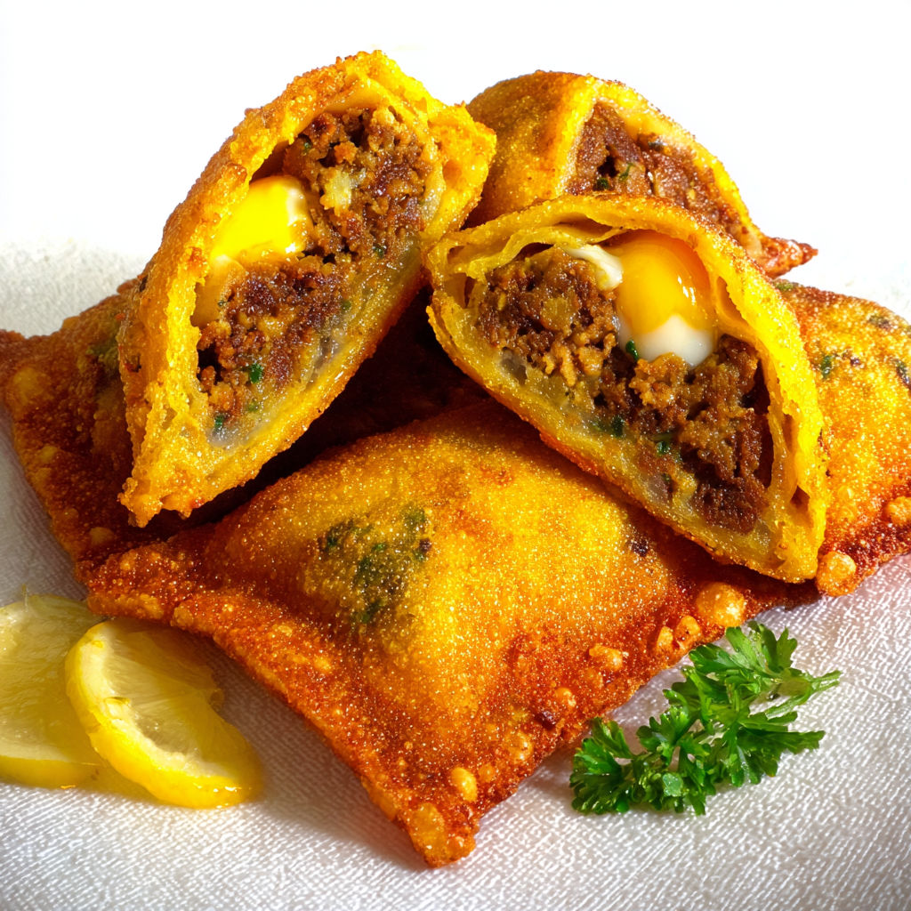 Brick dorée garnie d’œuf et de viande hachée, posée sur une assiette blanche.
