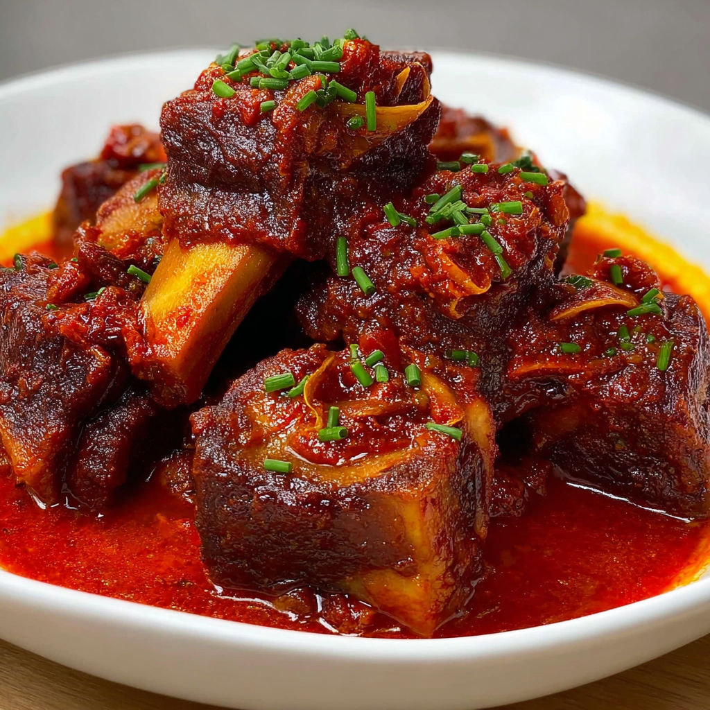 Côtes de bœuf en sauce tomate épicée, servies dans une assiette appétissante.