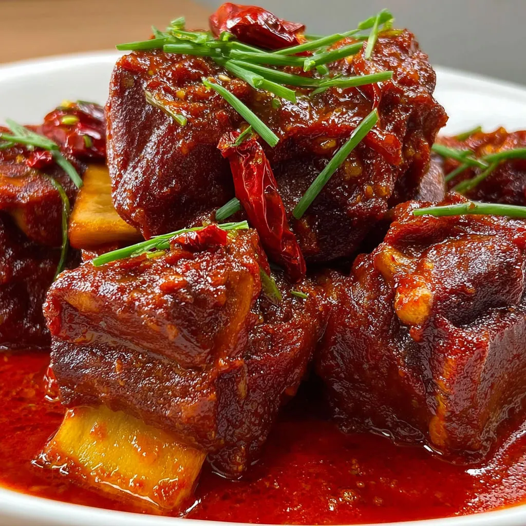 Des côtes de bœuf ultra tendres cuisson lente dans une sauce rouge corsée.