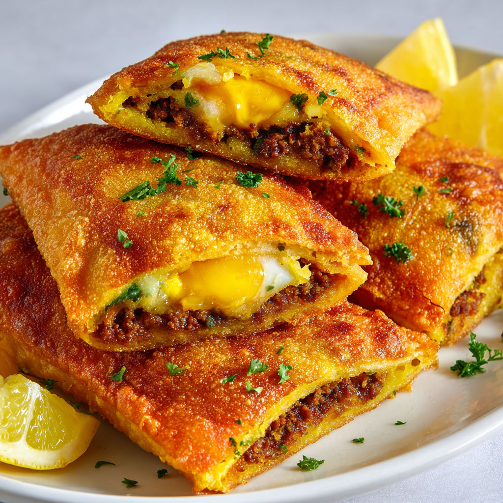 Brick maison dorée avec bœuf goûté et œuf encore coulant.