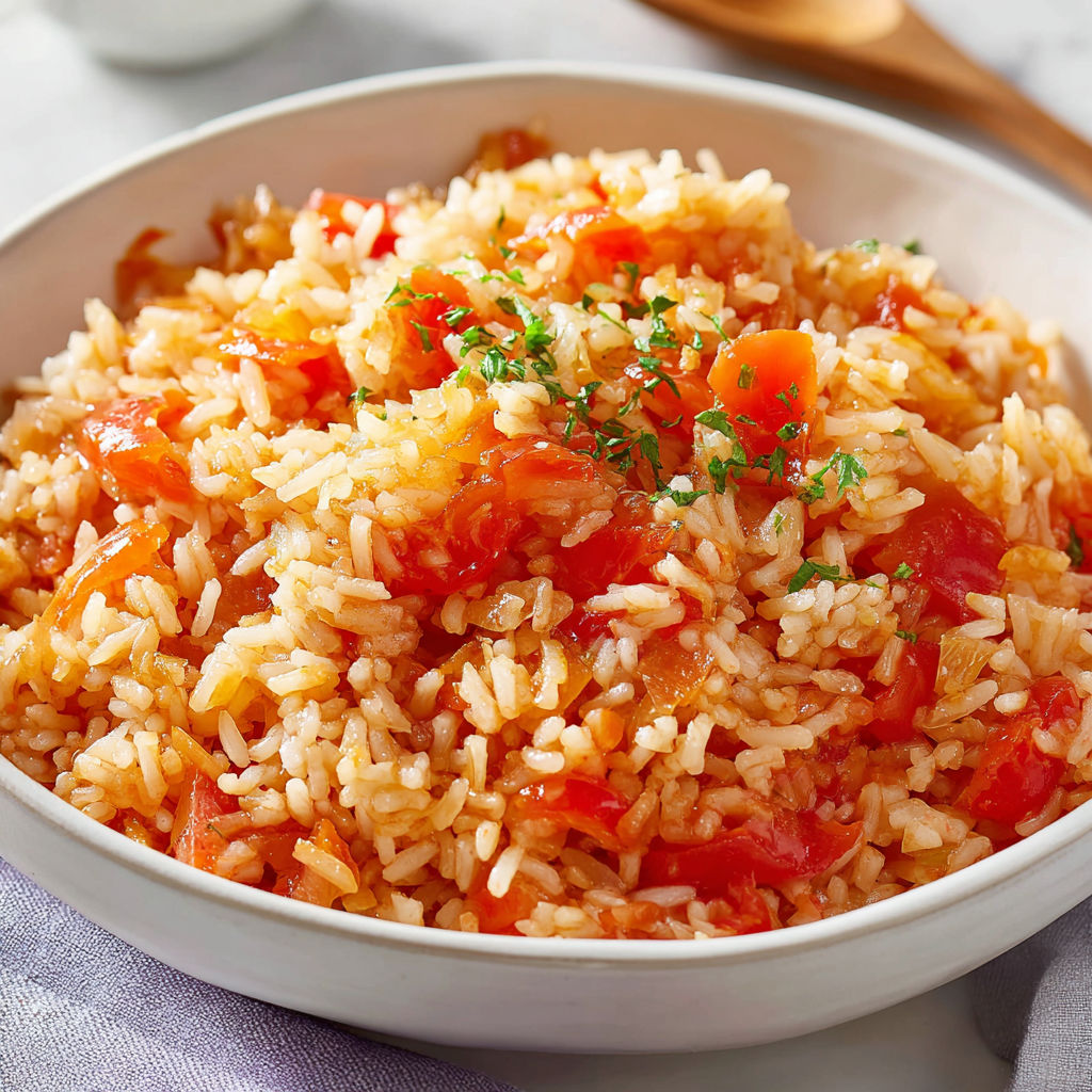 Une assiette de riz avec tomates fraîches et herbes, prête à être savourée.
