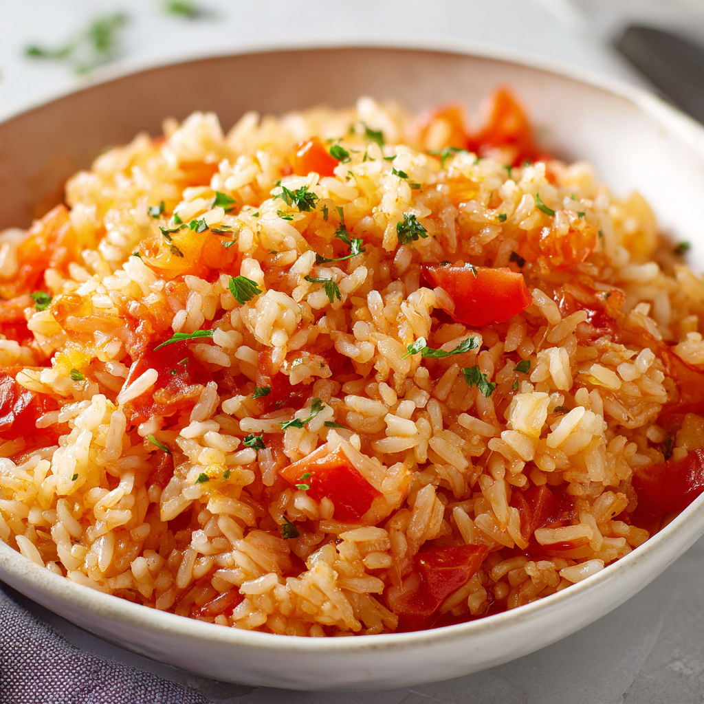 Bol de riz avec tomates et herbes fraîches.