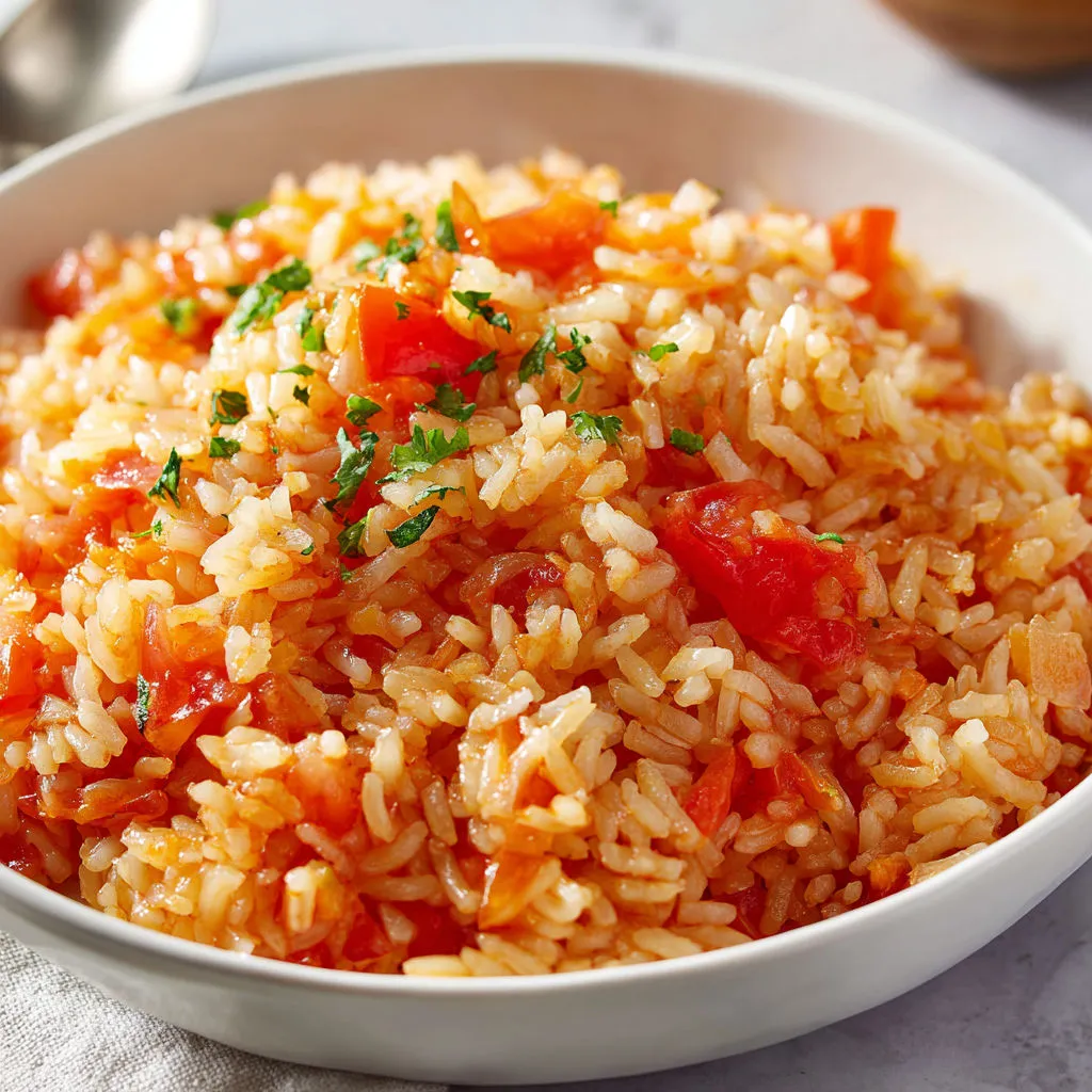Assiette de riz mijoté tomate oignon esprit famille du Sud.