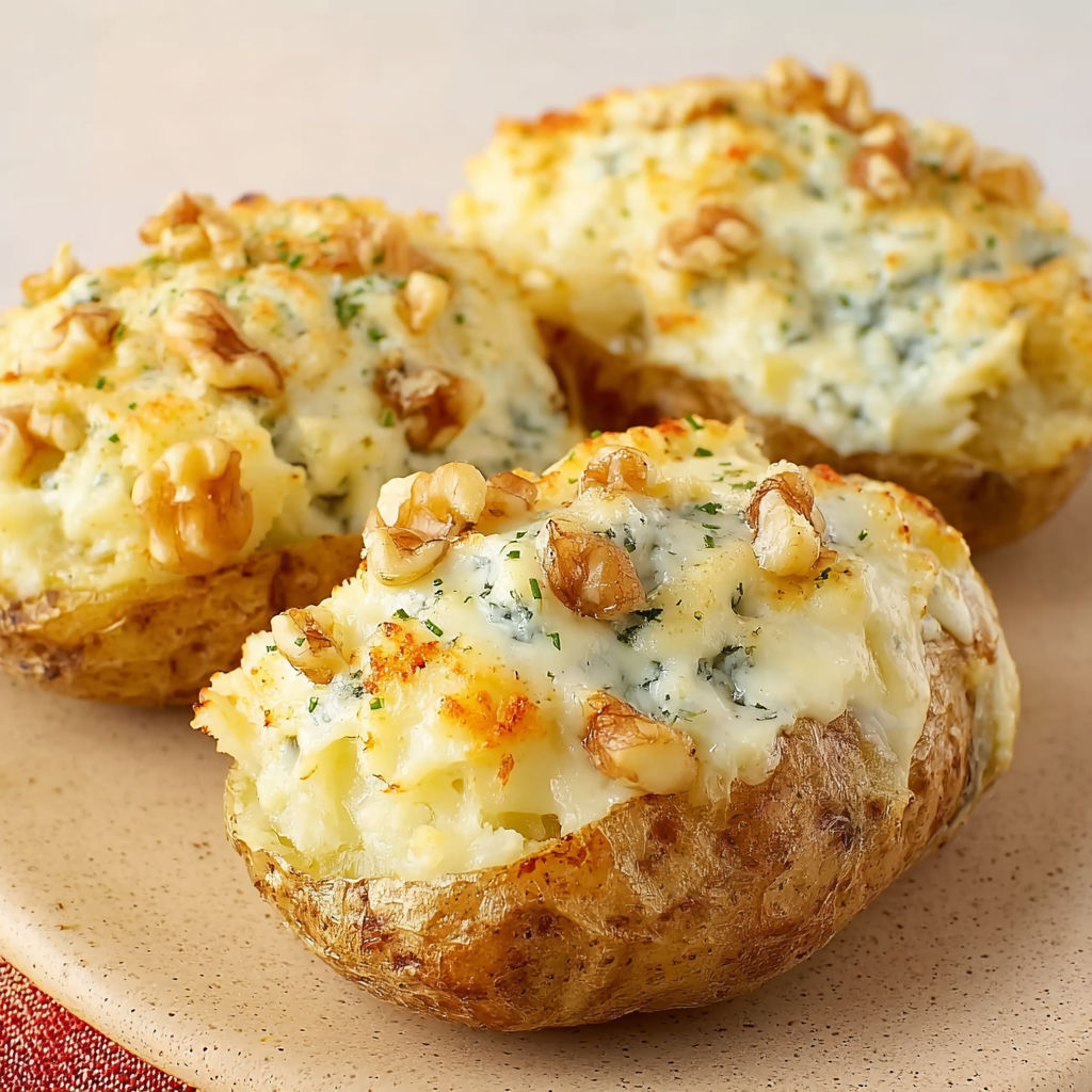 Pommes de terre fondantes au roquefort sur une assiette rustique, avec sauce fromagère et éclats de noix croquantes.