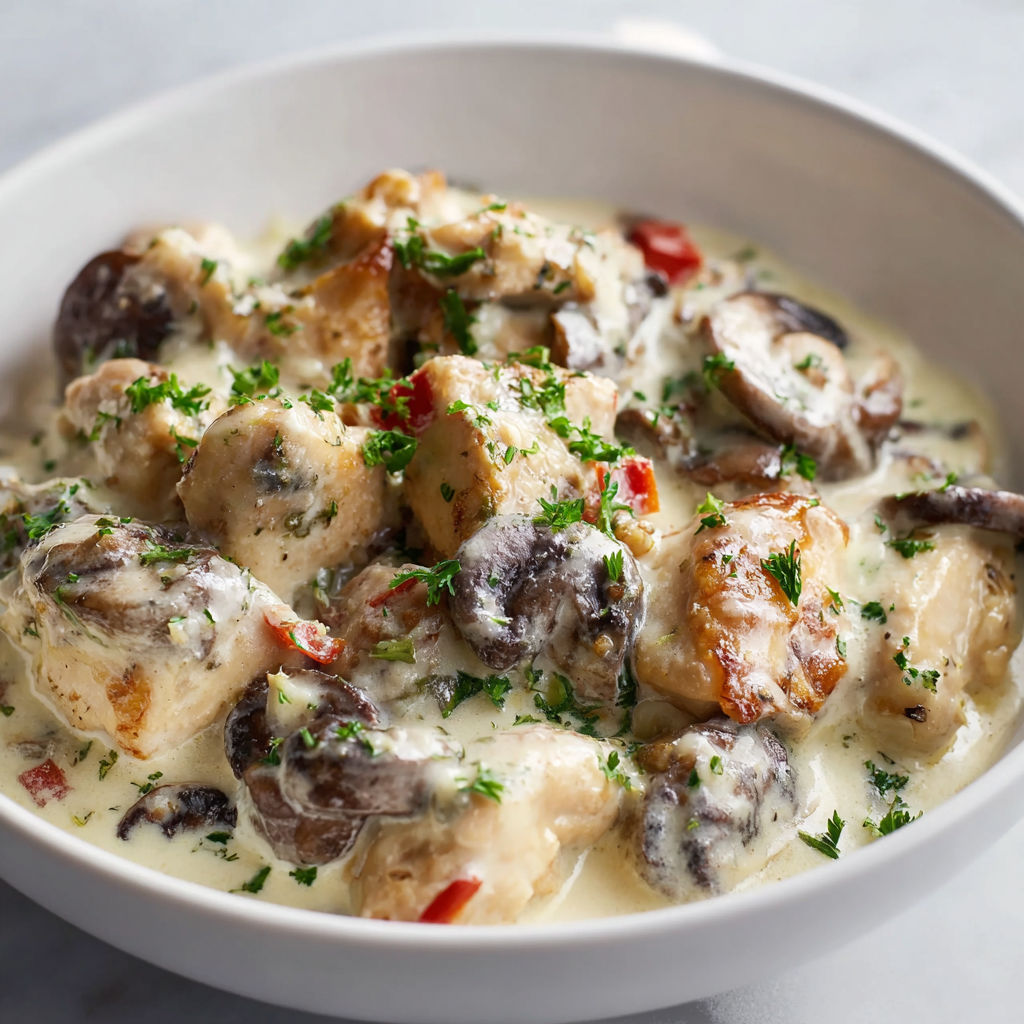 Une délicieuse blanquette de volaille avec champignons et herbes sur une table gourmande.