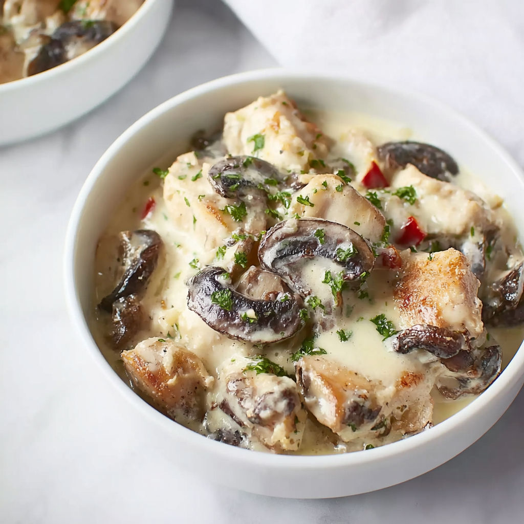 Une blanquette de poulet crémeuse avec des champignons ultra fondants.