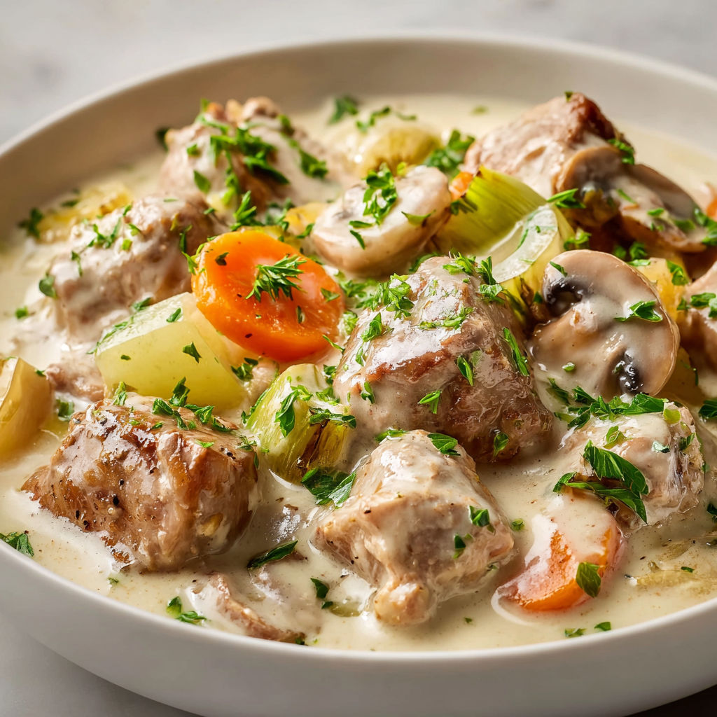 Une blanquette de veau légère, crémeuse, cuite au airfryer avec des légumes.
