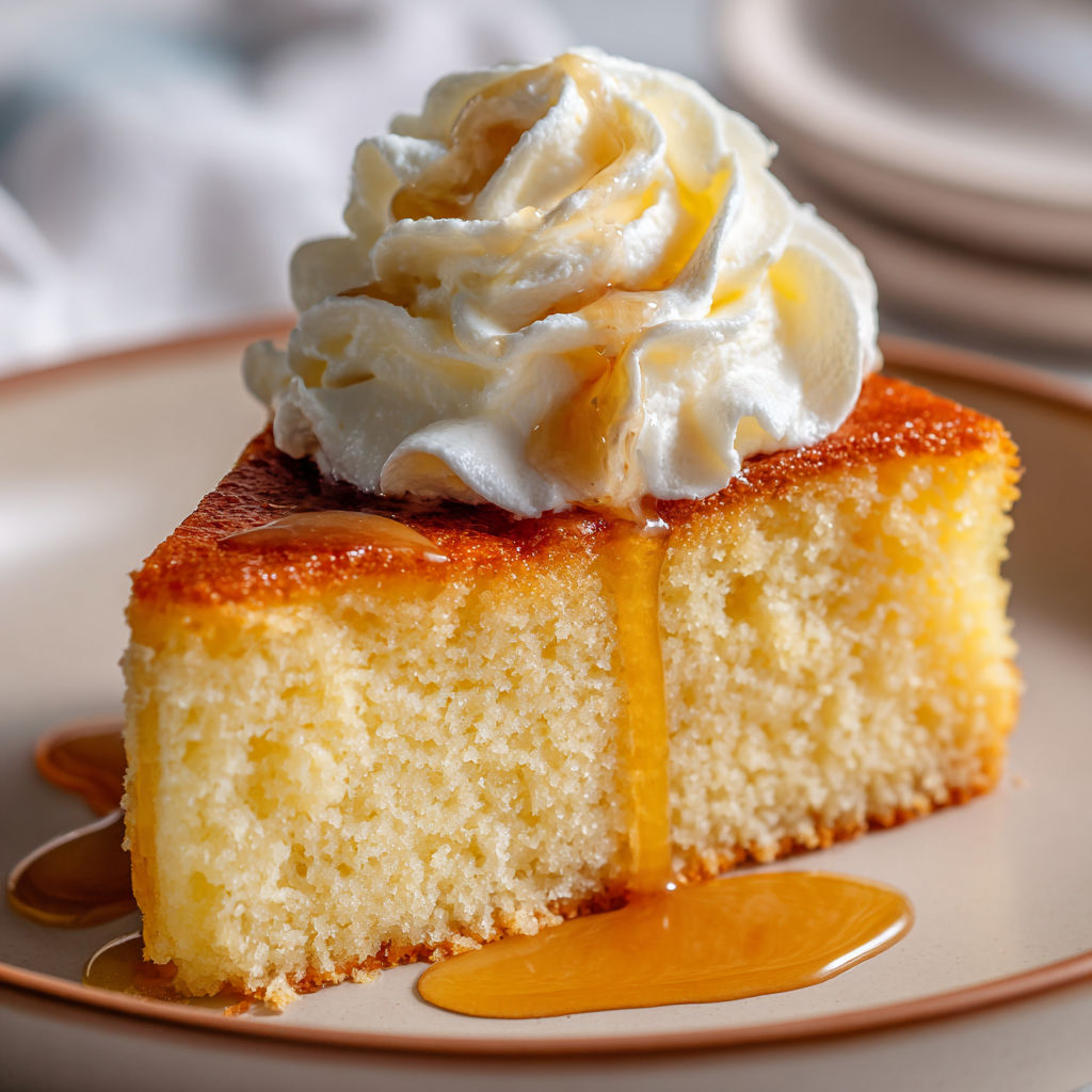 Un dessert à base de semoule, servi avec une nappe de caramel et un soupçon de crème, évoquant la cuisine de grand-mère.